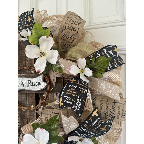 He is Risen Cross Religious Easter Dogwood Flowers Deco Mesh & Ribbon Wreath - Picture 6 of 9